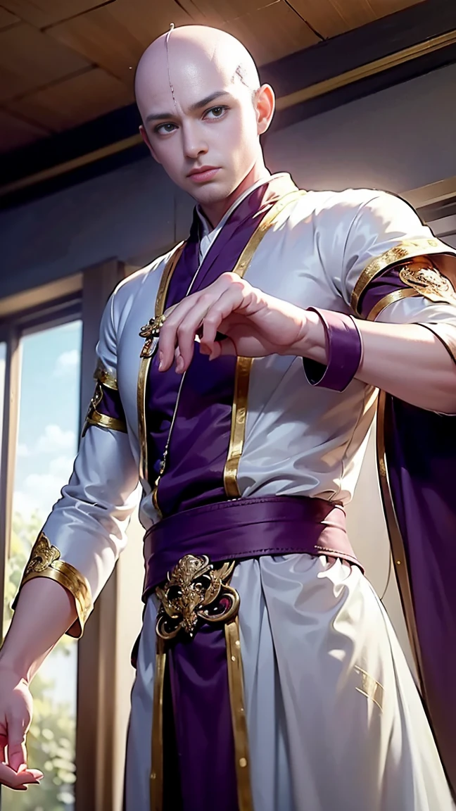 ((masterpiece)), HD clarity, monk,stand，cloth shoes， (((( 1 person, White sleeves, bald-headed, robe))))，(((1 teenager，bald-headed，monk，entire human body，tear nevus:)))，(bald-headed:1.8)，Cool sensation，Nature，peaceful，Childish。best quality，master painting：1.4），ultra high resolution，realistically，front lighting，intricate details，solo，（When young），looking at the audience，（Hollow pattern，White，silk），fit，VIP room，professional lighting，photon mapping，Radiosity，Physically based rendering，