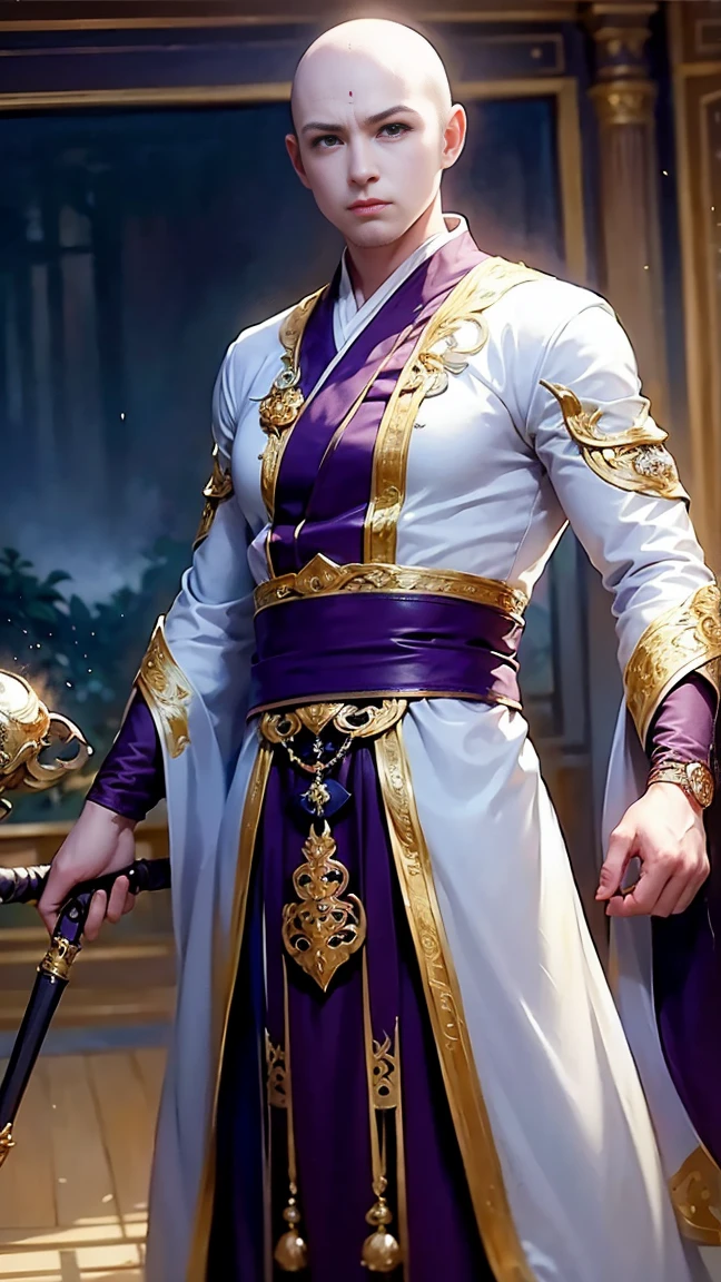 ((masterpiece)), HD clarity, monk,stand,cloth shoes, (((( 1 person, White sleeves, bald-headed, robe)))),(((1 teenager,bald-headed,monk,entire human body,tear nevus:))),(bald-headed:1.8),Cool sensation,Nature,peaceful,Childish。best quality,master painting:1.4),ultra high resolution,realistically,front lighting,intricate details,solo,(When ),looking at the audience,(Hollow pattern,White,silk),fit,VIP room,professional lighting,photon mapping,Radiosity,Physically based rendering,