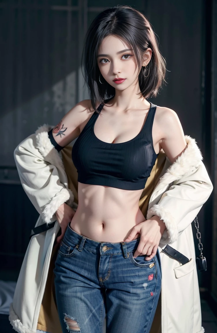 1girll, anime big breast_Coloring, black_Eyes, black_mitts, brown_Hair, choker necklace, Earrings, mitts, jewelry, letterboxed, Mimic, short_Hair, Smile, Solo, Style_Mimic, Aravi Asian women's denim bra top and denim shorts, Sexy girl, Gorgeous young Korean woman, Korean girl, 2 4 old female model, gorgeous chinese models, photo of slim girl model, beautiful Korean women, Beautiful young Korean woman, photo of slim girl, Japanese model, Sexy look, Sexy body, Beautiful Asian girl, Sexy style, , Wear two-piece clothes, queen of the sea mu yanling, xintong chen, wenfei ye, gorgeous chinese models,, full-body xianxia, Attire:gorgeous chinese models, full-body xianxia, Chen Xintong exposed her abdomen,Abs,Huge bust,Fine face,Elaborate Eyes,,standing on your feet,lying down,sexyposture,Spread your legs apart,raised head,Look up,kneeling down,Short clothes,Open coat,Extra-short jeans,Mini-short denim skirt,whiteshortcoat,Black shorts,in pink