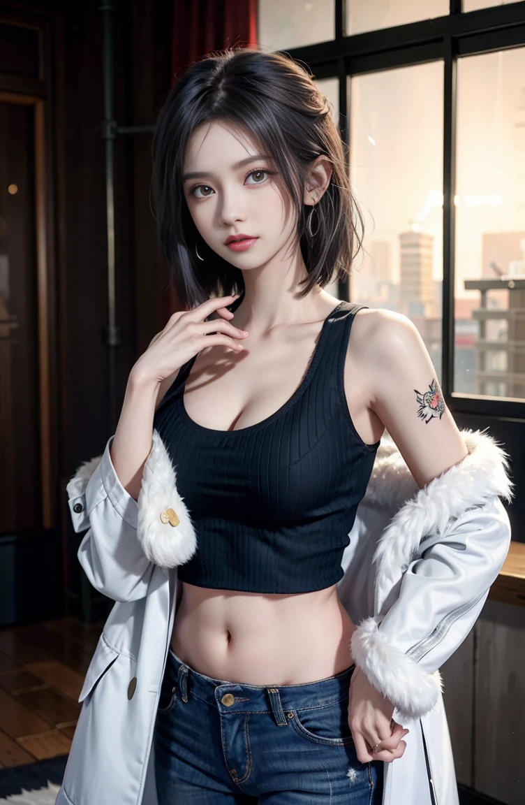masterpiece, highest quality, 8K,first-class, disorganized, very detailed, female trafalgar law, 1 girl, 1 sword, alone, looking at the viewer, short hair, medium breasts, have, belly button, cleavage, clavicle, earrings, abdomen, pants, coat, fur trim, denim, jeans, shoulder tattoo, hand tattoo, finger tattoos, black fur-trimmed coat, coat on shoulders, Yellow tank top,///,