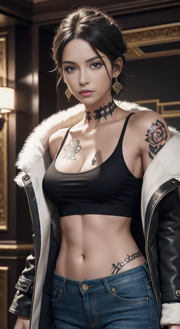 masterpiece, highest quality, 8K,first-class, disorganized, very detailed, female trafalgar law, 1 girl, 1 sword, alone, looking at the viewer, short hair, medium breasts, have, belly button, cleavage, clavicle, earrings, abdomen, pants, coat, fur trim, denim, jeans, shoulder tattoo, hand tattoo, finger tattoos, black fur-trimmed coat, coat on shoulders, Yellow tank top,///,
