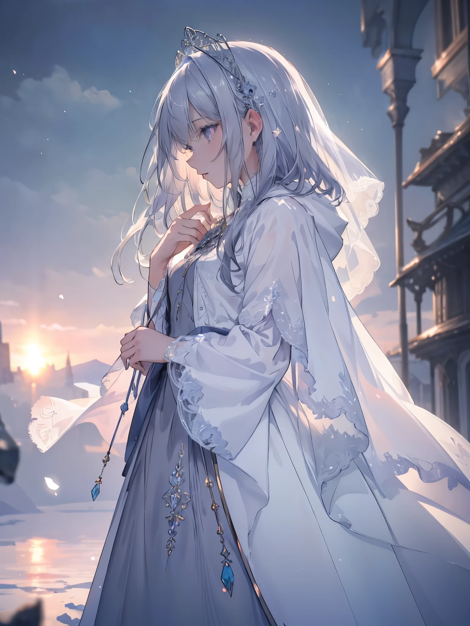 High definition RAW color art, Animation,sculptures, Silver Marble Skin, (((Ultra detailed elegant))), Magical atmosphere, (Detailed skin, Texture (Intricately detailed, Fine detail, ultra-detailliert), depth of fields, Bokeh, Silky Touch, Hyper Detail, Matte Drawing, sparkle effect, ,dynamic clouds, sunset, pastel purple, Winter gear, beautiful eyes, elegant face, White cloak, view from below, profile