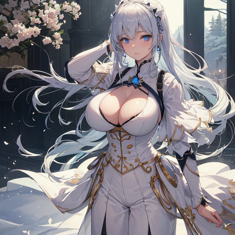 Masterpiece, one character, Gojo Satoru, solo, blue eyes shining brightly, white hair radiantly glowing, realistic and ultra-detailed, (big breasts: 1.6), dynamic light and shadow playing on his features, high-resolution image, sharp focus capturing every intricate detail, Gojo Satoru's piercing gaze fixed on the viewer, realistic and lifelike rendering of his attire, neat and tidy, white shirt and pants, big tits subtly accentuated by the precise shading and use of lighting, a captivating and visually stunning depiction.