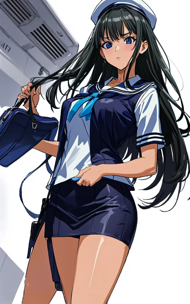 A beautiful woman with long black hair, , beautiful legs, and a sharp face is wearing a sailor uniform with a white miniskirt, showing off her light blue and blue panties as fronts an elderly man in a suit on the train.。