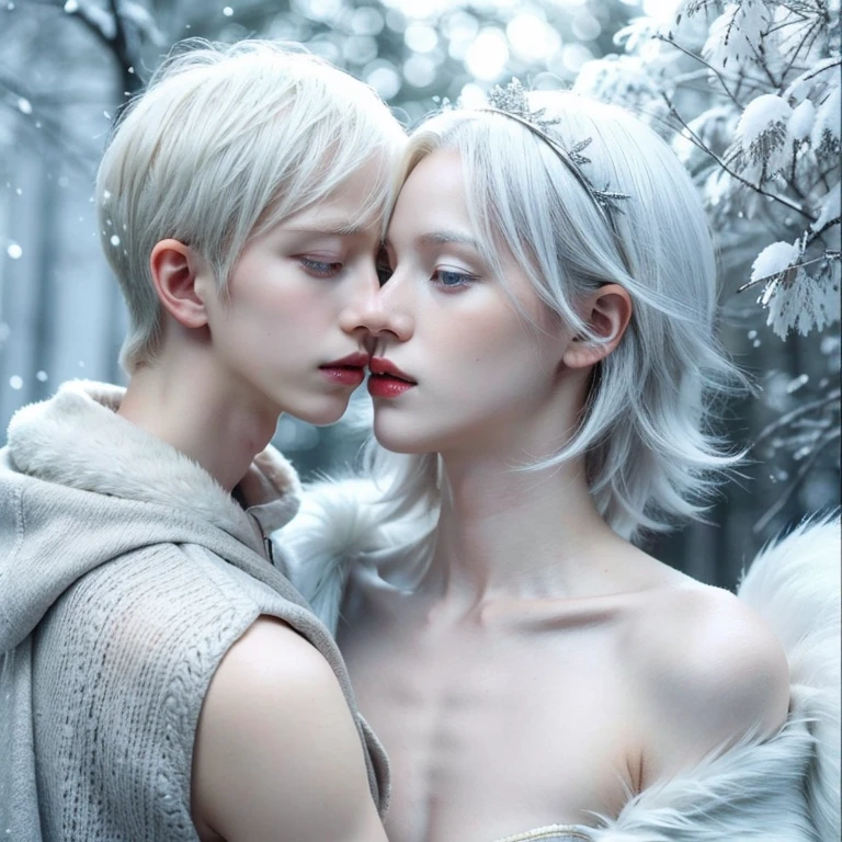 (1 boy, albino androgynous male Snow Queen, he is immortal while he is cold, but the warmth of love will melt him down and kill him)