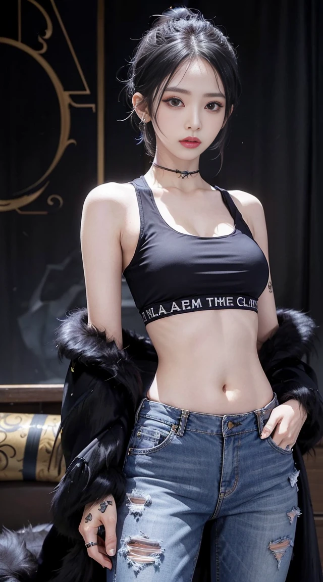 masterpiece, highest quality, 8K,first-class, disorganized, very detailed, female trafalgar law, 1 girl, 1 sword, alone, looking at the viewer, short hair, medium breasts, have, belly button, cleavage, clavicle, earrings, abdomen, pants, coat, fur trim, denim, jeans, shoulder tattoo, hand tattoo, finger tattoos, black fur-trimmed coat, coat on shoulders, Yellow tank top,///,