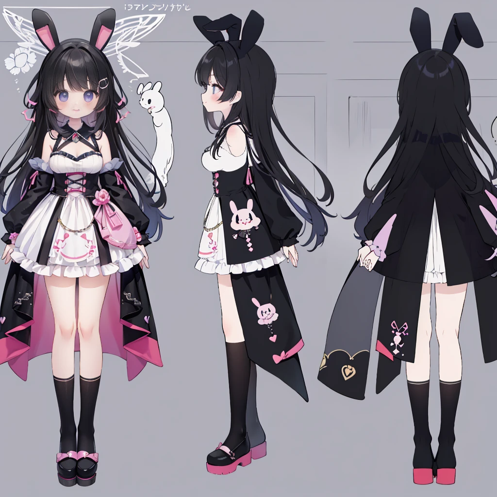 Reference Sheet,character sheet,Standing picture、full body esbian、black hair、fluttering hair、smile,masterpiece、best image quality、black and purple mini dress,Moe sleeve,キャラクターReference Sheet,Kuromi,Round stuffed bunny ears,True horizontal drawing,Height: 150cm,front and side drawing,,seen from the side,Yumefuwa type