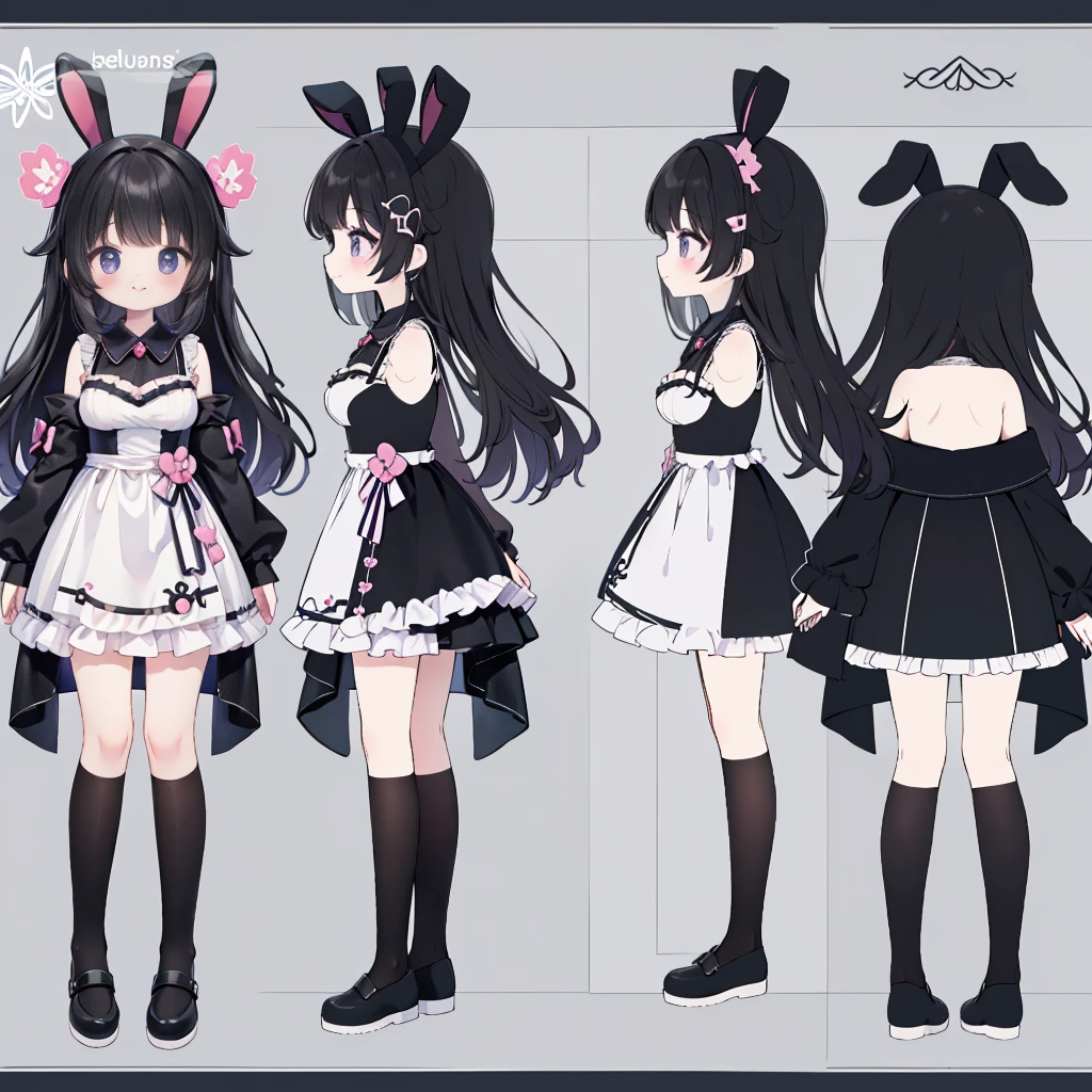 Reference Sheet,character sheet,Standing picture、full body esbian、black hair、fluttering hair、smile,masterpiece、best image quality、black and purple mini dress,Moe sleeve,キャラクターReference Sheet,Kuromi,Round stuffed bunny ears,True horizontal drawing,Height: 150cm,front and side drawing,,seen from the side,Yumefuwa type