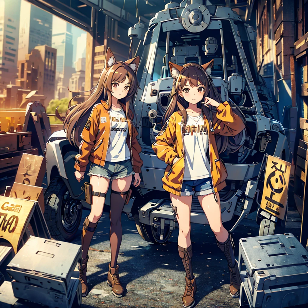 1girl,long hair,brown hair,shirt,thighhighs,holding,animal ears,brown eyes,standing,jacket,shorts,military,phone,cellphone,grass,ground vehicle,motor vehicle,smartphone,holding phone,blue shorts,denim shorts,military vehicle,tank,vehicle focus,orange jacket,caterpillar tracks,