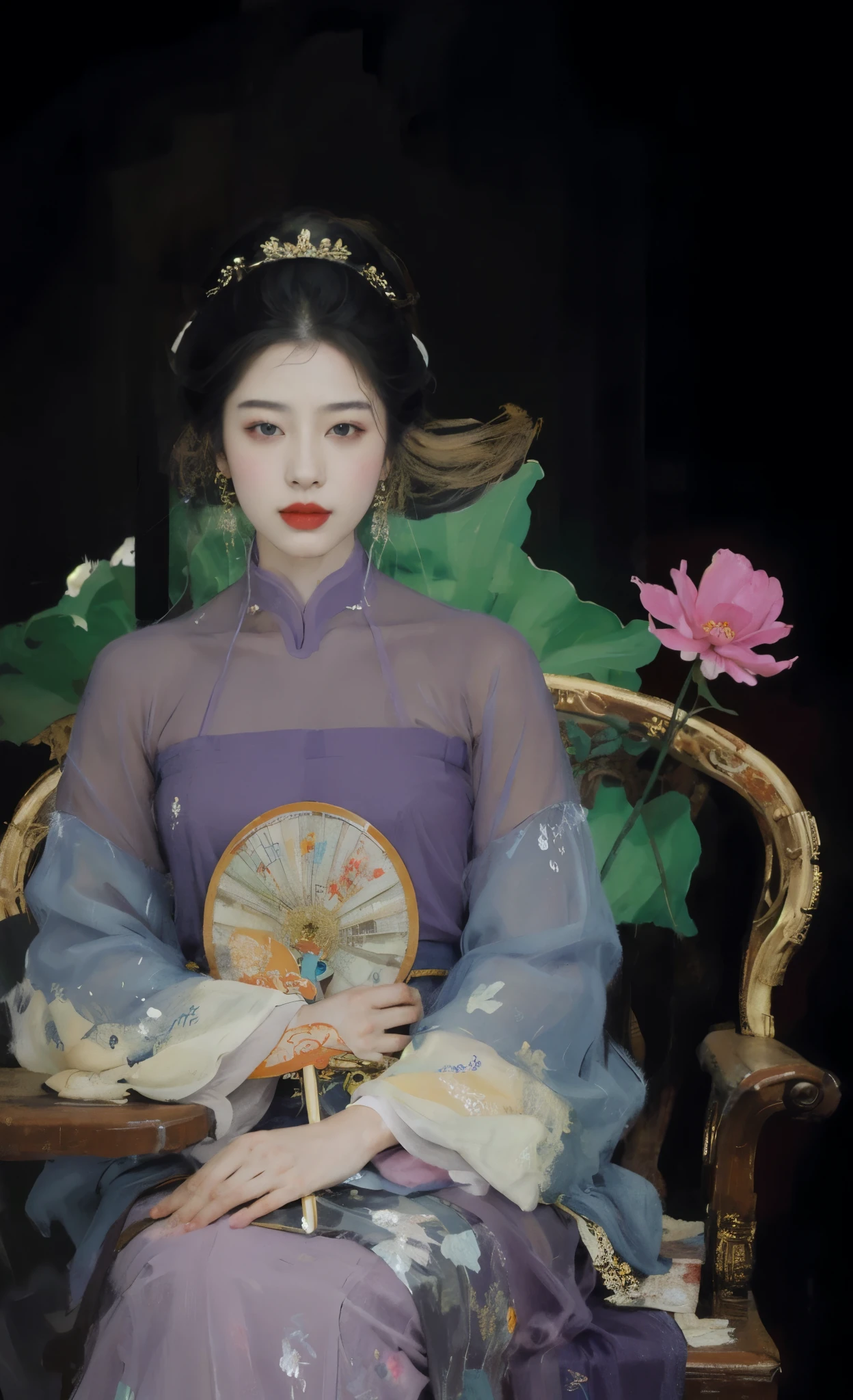 Wears purple translucent，Fide woman in gauze dress sits on chair，拿着folding fan, Queen of China, palace ， A girl wearing Hanfu, chinese princess, Inspired by Yun Shouping, Inspired by Chen Rong, ancient chinese princess, Chen Jiru, Inspired by Zhang Xuan, chinese woman, beautiful fantasy queen, guweiz style artwork。Translucent clothes，chiffon，folding fan。美丽的folding fan。手中拿着folding fan (painting:1.5),
\\
a woman with long black hair(Amy Saul:0.248), (Liu Stanley:0.106), (a detailed painting:0.353), (gothic art:0.106)