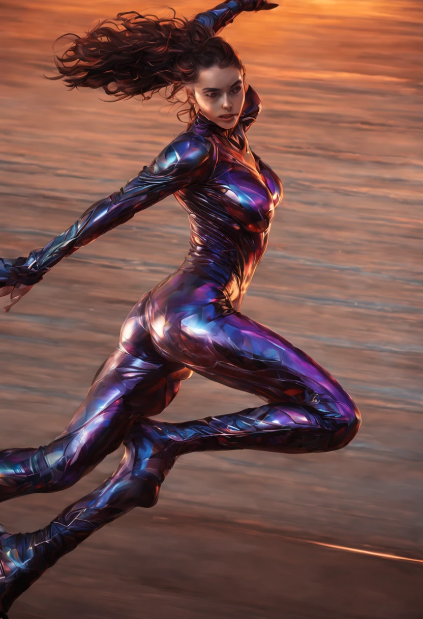Woman in straddling pose, (1 adult female, alone:1.1), draw only one woman, Shirow Masamune's style, beautiful eyes, Draw detailed eyes, Detailed depiction of hair, big breasts, big ass, high quality, High resolution, super detailed, High level image quality, high quality, In 8K, My skin is shiny, center, Precise human body structure, Scientific background, and draw the whole body, Black costume, Bright colors, enamel art, sexy costume, Sheer costume, Exposing your feet, Expose your arms, Bewitching