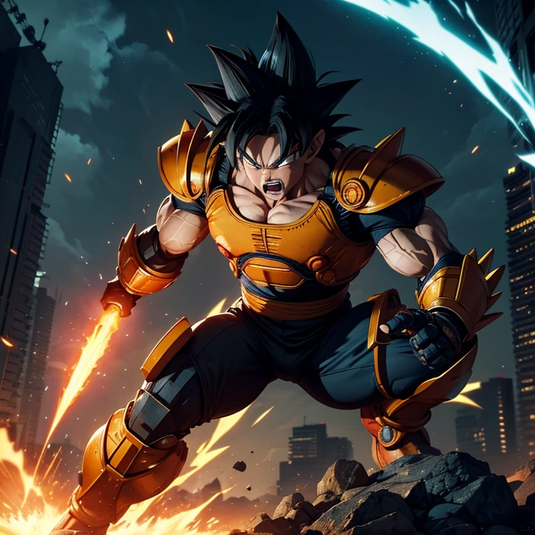 Goku, the iconic Super Saiyan warrior from the popular Dragon Ball series, finds himself in a unique situation as he dons the legendary Wolverine suit. The fusion of these two beloved characters brings forth a fascinating blend of strength, agility, and ferocity. With his spiky black hair and intense gaze, Goku radiates an aura of determination as he prepares to unleash his incredible powers. The sleek black mecha exoskeleton, adorned with cyberpunk-inspired elements, envelops Goku's muscular physique, enhancing his already formidable abilities. His armor is intricately detailed, showcasing a perfect balance of futuristic technology and ruggedness. As he stands amidst a dense forest, the vibrant greenery serves as a stark contrast to the dark, mechanical backdrop,