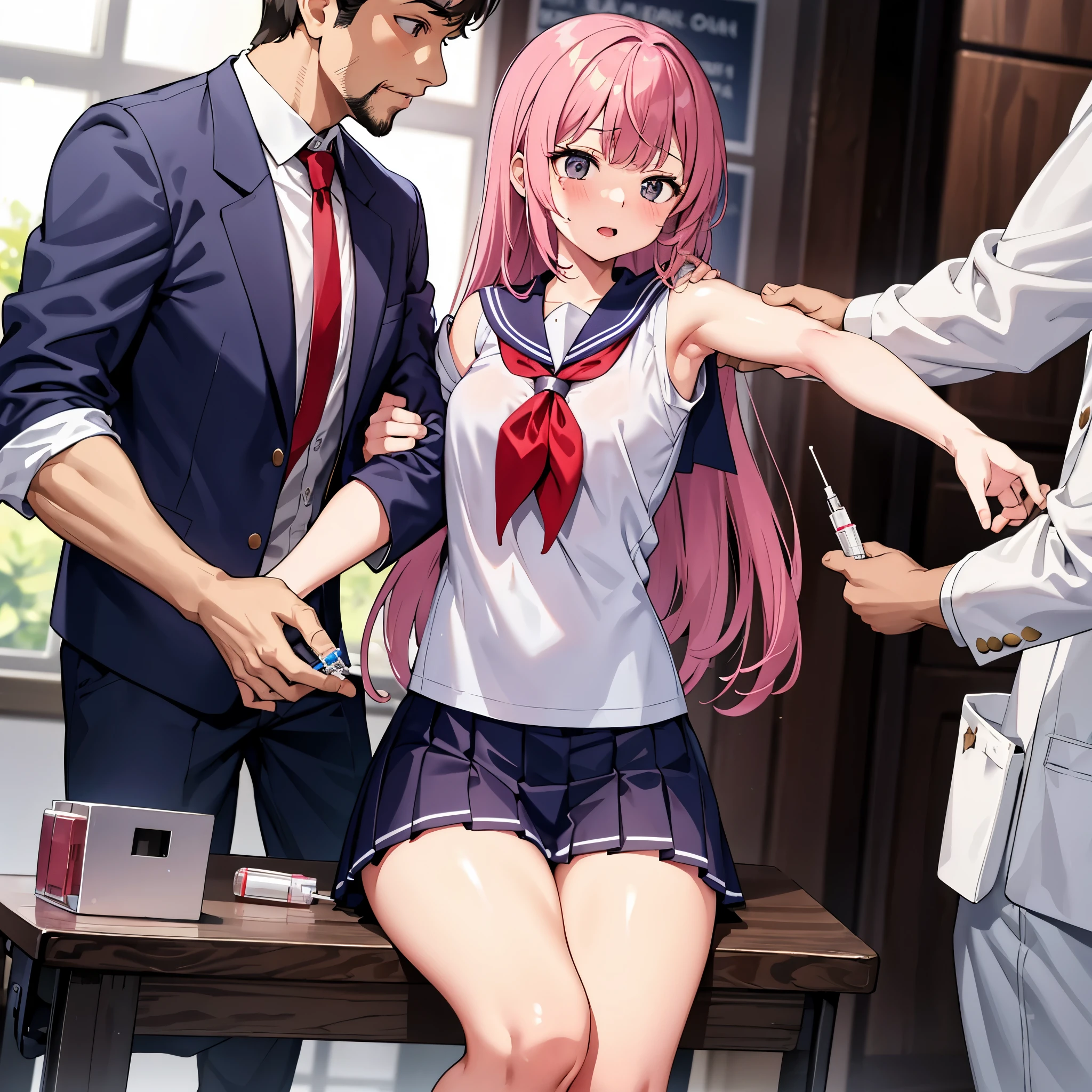 High school girl in a sailor suit receiving vaccination、A man grabs your arm and takes a syringe and stabs it into your upper arm.