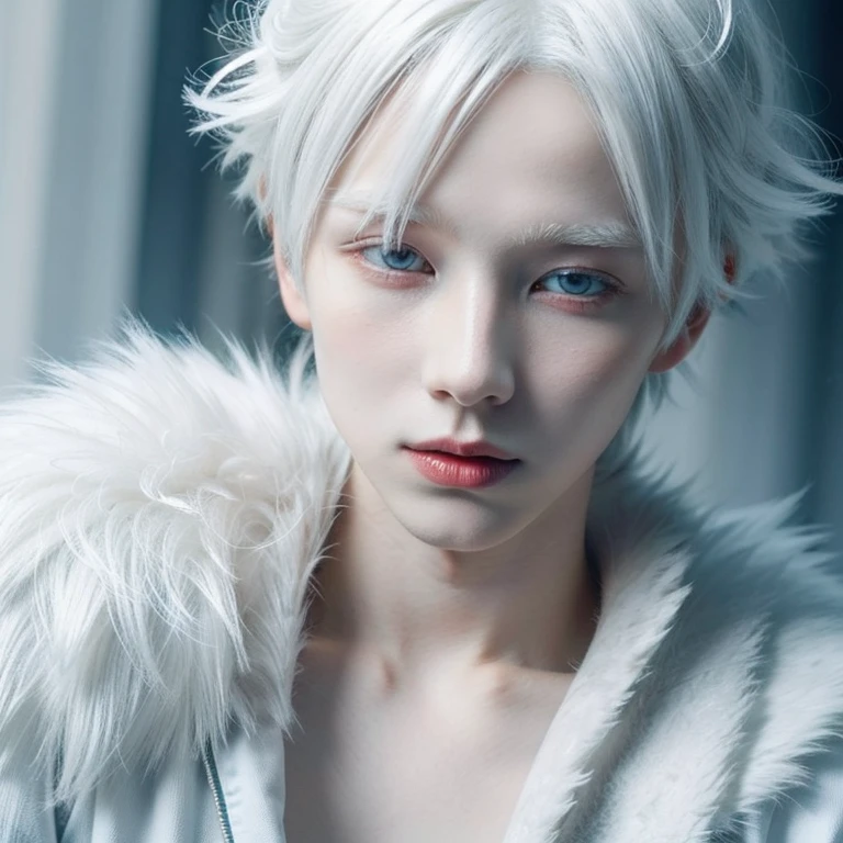 (1 boy, albino androgynous male Snow Queen, he is immortal while he is cold, but the warmth of love will kill him, ice crown)