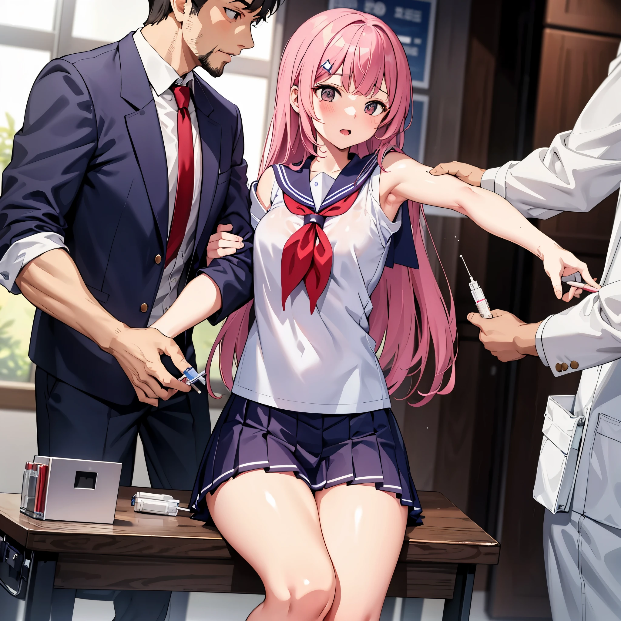High school girl in a sailor suit receiving vaccination、A man grabs your arm and takes a syringe and stabs it into your upper arm.