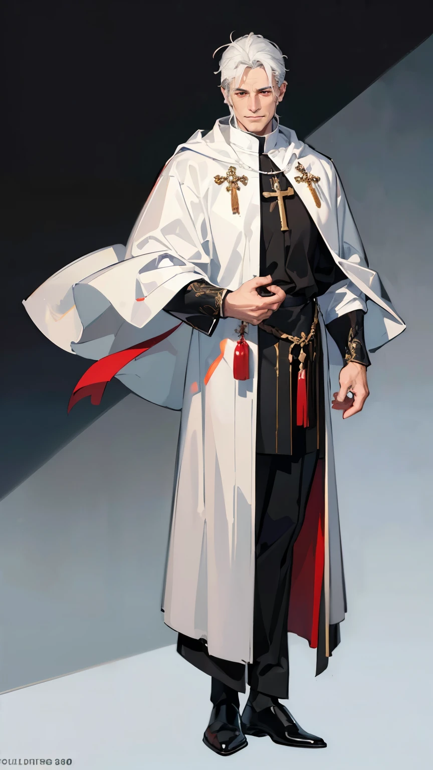 ((masterpiece,best quality,8k,highres)),((character concept art)), 1 male, middle- adult male, Religion Bishop, 190 cm height, big back head hairstyle, (grey hair colour), ultra finely detailed eyes (red eyes colour), grey mustache, extraordinary handsome, charming, smirk smile, incredible body build ((muscular)), ((intricate detail)), super finely detailed hands, ultra finely detailed fingers(((ten fingers))), stylish Catholic Bishop outfit (black outfit colour), (standing still), (full body showcase), (show full body), (no logos on background), (no logo), ((plain background)), ((plain background)), (((empty background)))