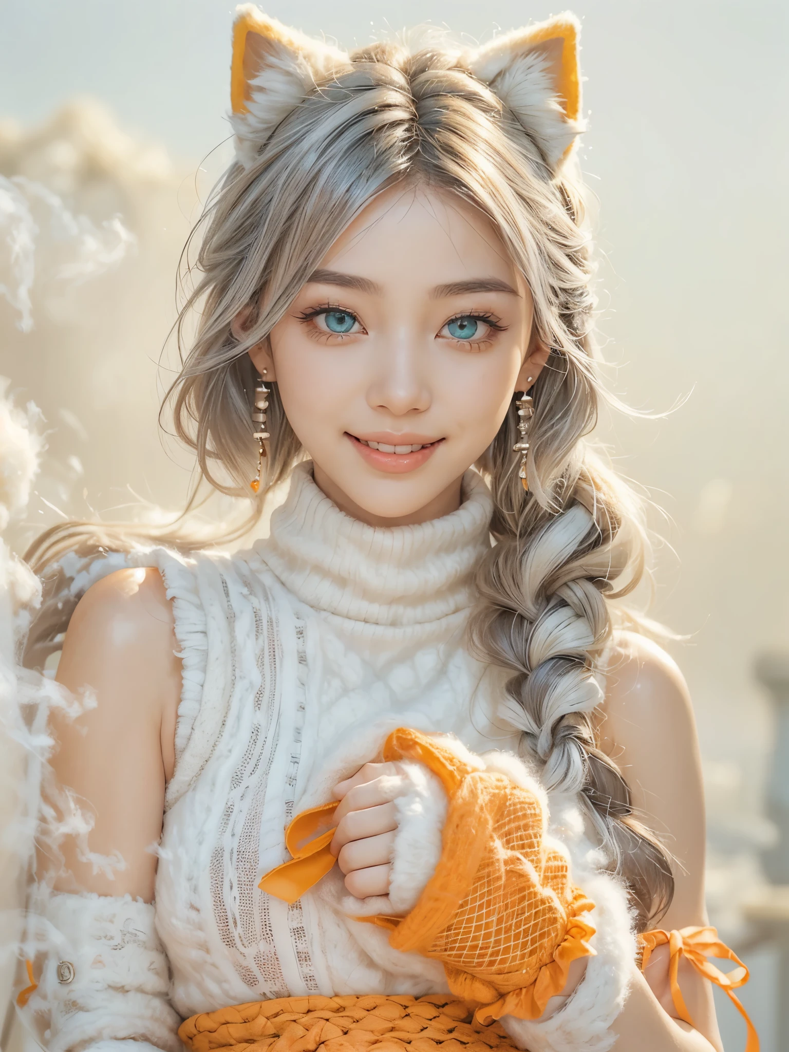 (cute:1.6),(gorgeous, elegant, luxury:1.4), (beautiful still life painting art:1.4), ultra detailed, beautiful, masterpiece, best quality, 
_
BREAK (1girl:1.2), 22 years old, 160 cm, Japanese cute model, Tightened all body, medium Breasts, small head, small face, diamond Face, small nose, Sharp Faceline, Detailed face, Detailed eyes, young hands and fingers, beautiful hands and fingers, five fingers, 
_
BREAK (happy, smile, Glossy Lips:1.5), (Light color lips, Half open mouth, beautiful Teeth:1.2), (dropy eyes, Double eyelid, light color eyes, Shiny eyes:1.5), Shiny skin, 
_
BREAK (arranged hairstyle:1.6), (gray hair:1.2), shiny hair,
_
BREAK (White theme:1.3), (blurry background, mist, fog:1.7),
_
BREAK (cowboy shot:1.5),(random pose:1.4),
BREAK (Black and white theme:1.2), (cute fur and Wool design, elegant, luxury:1.6), (turtleneck and sleeveless dress:1.4), (a lot of orange fur accents:1.4), (fake cat ears:1.2), (Paw gloves:1.6), BREAK (highly saturated (orange, tangerine) and green theme:1.4), (tone on tone:1.3), (wearing tangerine [[crochet]] hat:1.4), (green ribbon:1.4), (sleeveless (orange:1.1) and (white:0.7) [polka dot pattern] sundress:1.4), (bare shoulders:1.3), (suspenders with ruffles:1.2), (green belt with ribbon:1.3), (orange tiered skirt with ruffles:1.3), (platform HIGH boots:1.1), (green ribbon on head:1.3), BREAK (fishnet stockings:1.3), (earrings shape of mandarin oranges:1.2),