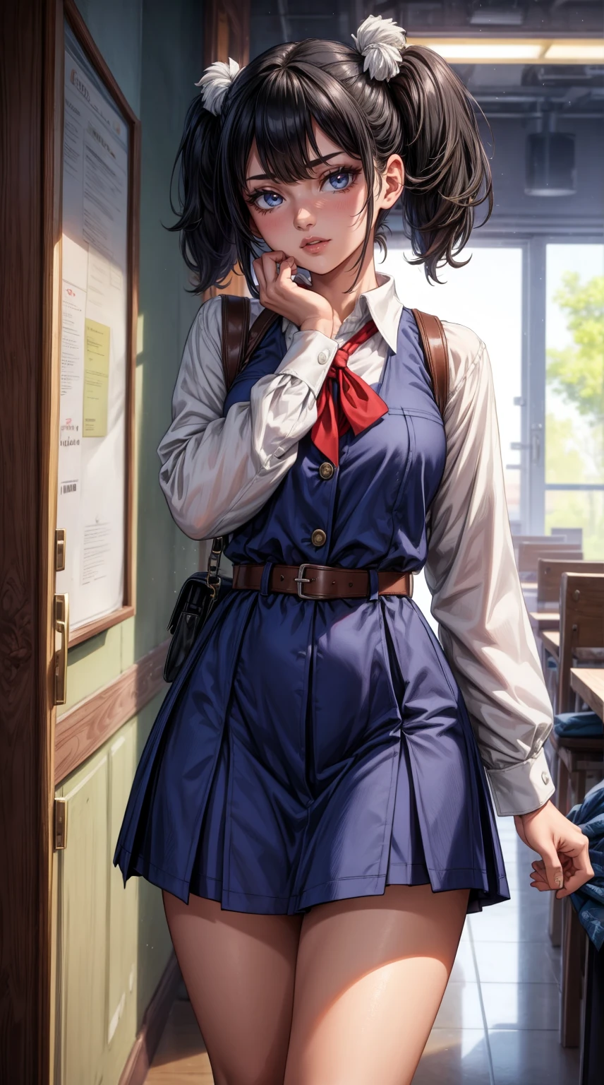 masterpiece、top-quality、Hi-Res、UI3、女の子 1 人、独奏、19 year old girl、verd s eyes、pompoms \(vestments\)、Pin Naphore Address、red school bag、white shirt、white sock、long-sleeve、Short hair、a belt、red bowtie、bangss、short twintails、School Uniforms、a blue dress、shirt with collar、cowboy shot、
(masterpiece), best quality, ultra-detailed, 1024k UHD wallpaper, ultra-high resolution, depth of field, HDR, Ray tracing, RTX, high saturation, high contrast, photon mapping, best texture quality, best compotitiontremely detailed CG 1024k wallpaper), Ultra HD, Perfect Face, Perfect ???????, Perfect hand, Perfect Finger, (Full body),