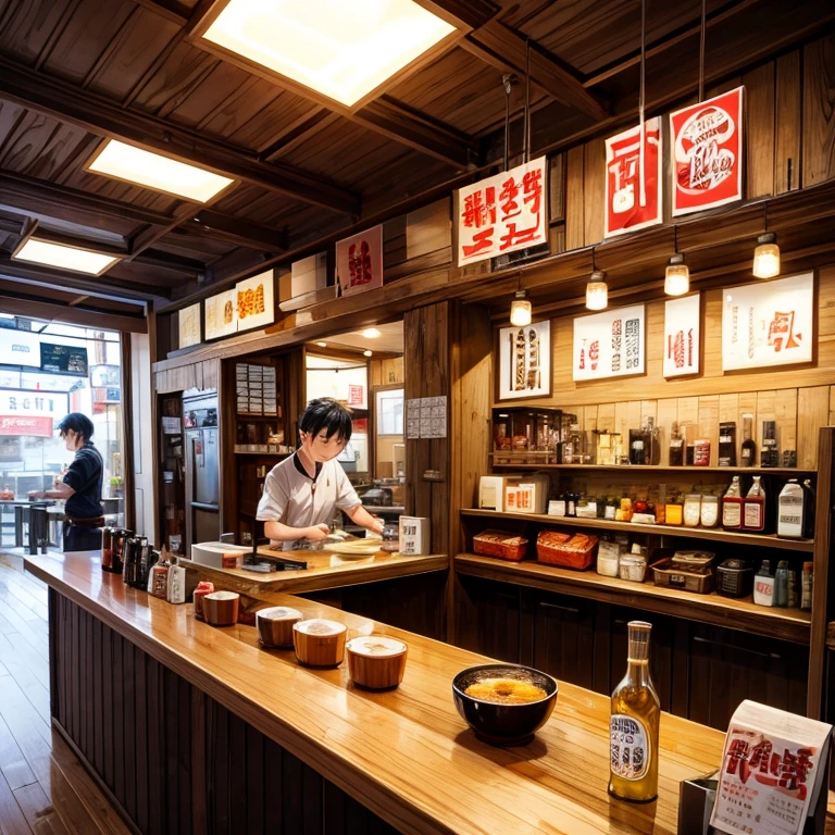 A bottle of soy sauce and a bottle of chili oil are placed at the counter of a ramen shop.。