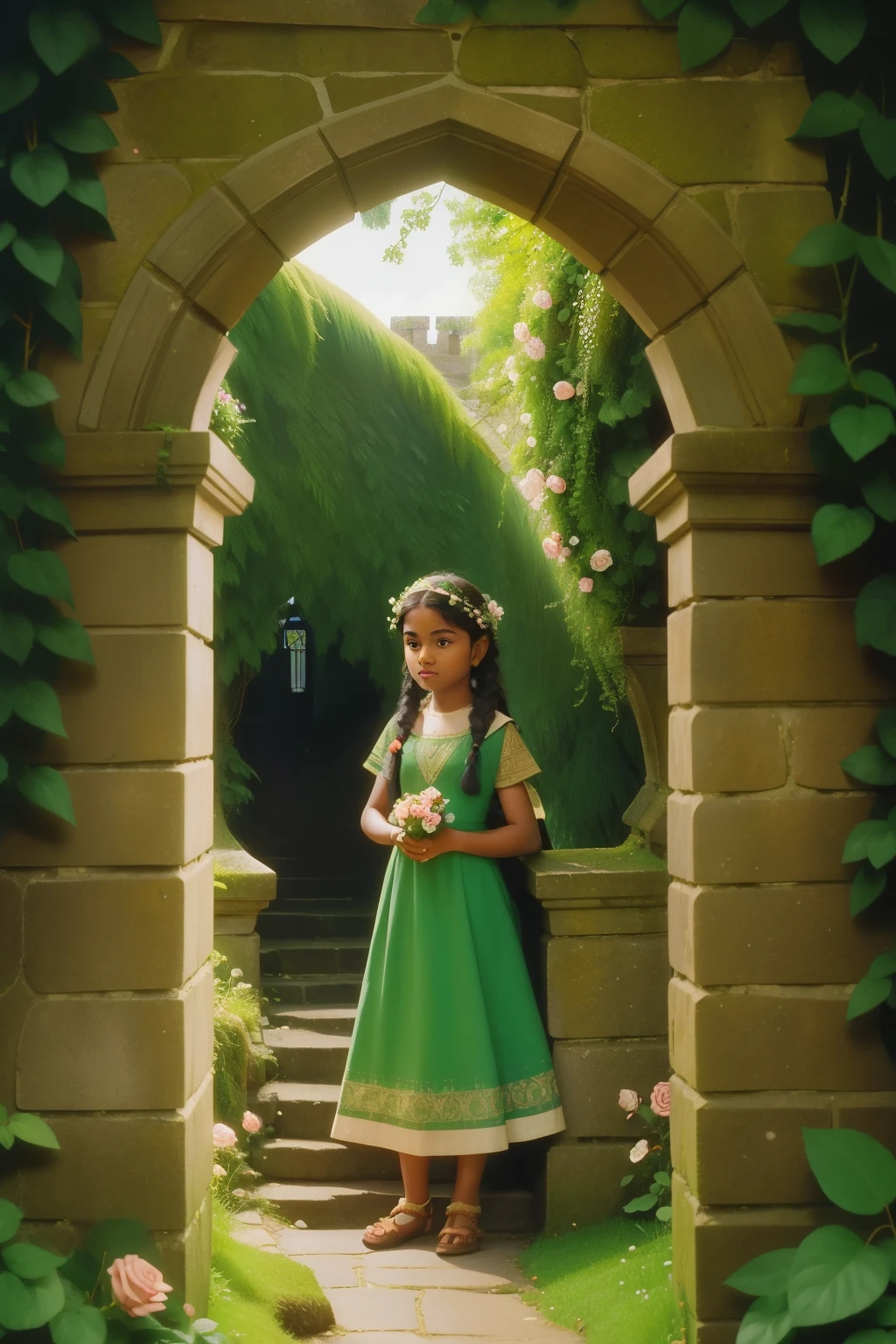 Along the secluded stone pathway of an Irish castle garden in the 1990s, a tween Indian girl, with a braid adorned with wildflowers, discovers a hidden archway covered in ivy, surrounded by blooming roses and moss-covered statues.