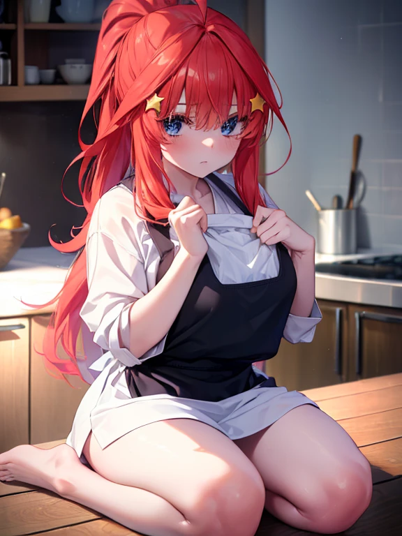 itsukinakano, Itsuki Nakano, bangs, blue eyes, Hair between the eyes, Ahoge, Redhead, star \(symbol\), hair ornaments, star hair ornaments,blush,Embarrassing,Mouth open,I&#39;m surprised,I&#39;m turning around, Naked Apron,Bare shoulders,Bare neck,bare clavicle,barefoot,Zend 4y4, cooking, Chinese pan, fire, fried rice, Stove, フレームから足が外れている
break indoors, kitchen,
break looking at viewer, (Cowboy Shot:1.5),
break (masterpiece:1.2), highest quality, High resolution, unity 8k wallpaper, (figure:0.8), (Beautiful fine details:1.6), Highly detailed face, Perfect lighting, Highly detailed CG, (Perfect hands, Perfect Anatomy),