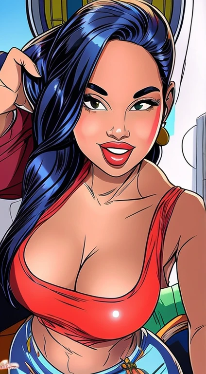 mulher arafa com longos cabelos escuros e blusa vermelha, Mulher de 30 anos de Cuba, cheeky smile with red lips, with a sorriso sedutor, sorriso sedutor, looks like fabiula nascimento, linda e sorridente, malika favre, sorriso sedutor, sorrindo sedutoramente, 3 Brazilian mother of 5 years, com um sorriso lindo