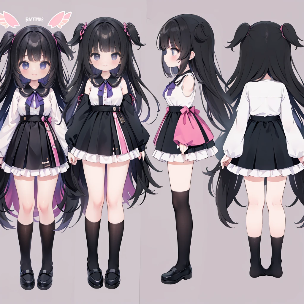 Reference Sheet,character sheet,Standing picture、full body esbian、black hair、fluttering hair、smile,masterpiece、best image quality、black and purple mini dress,Moe sleeve,キャラクターReference Sheet,True horizontal drawing,Height: 150cm,front and side drawing,,seen from the side,Yumefuwa type,Mine series