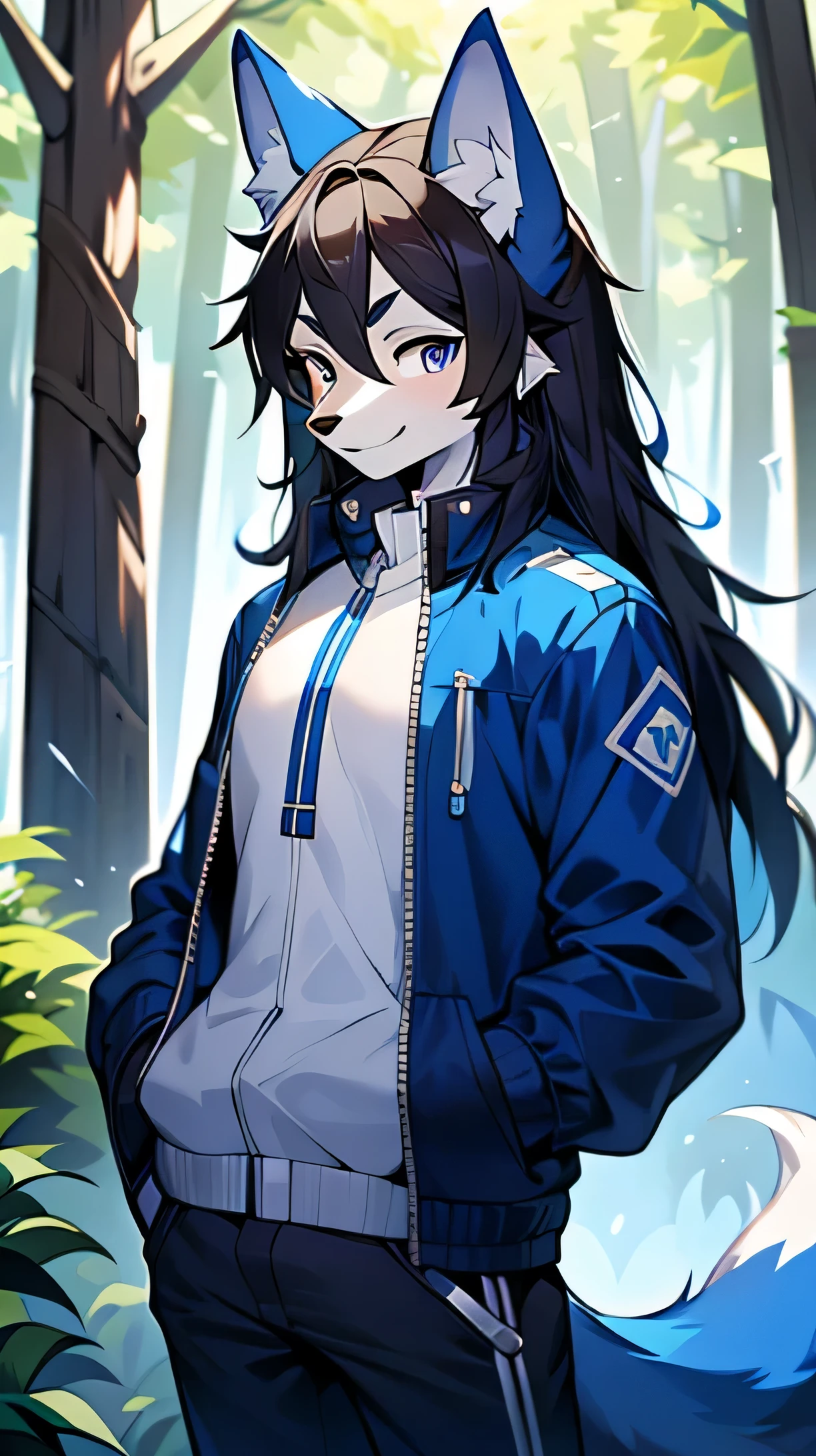 The male wolf is 180 cm tall,bluish violet eyes, , long black hair, end, The upper body shows off the perfect body,blue and white sportswear,cloth pocket,with smile,Two small ears,Stand with fair skin ,in the woods