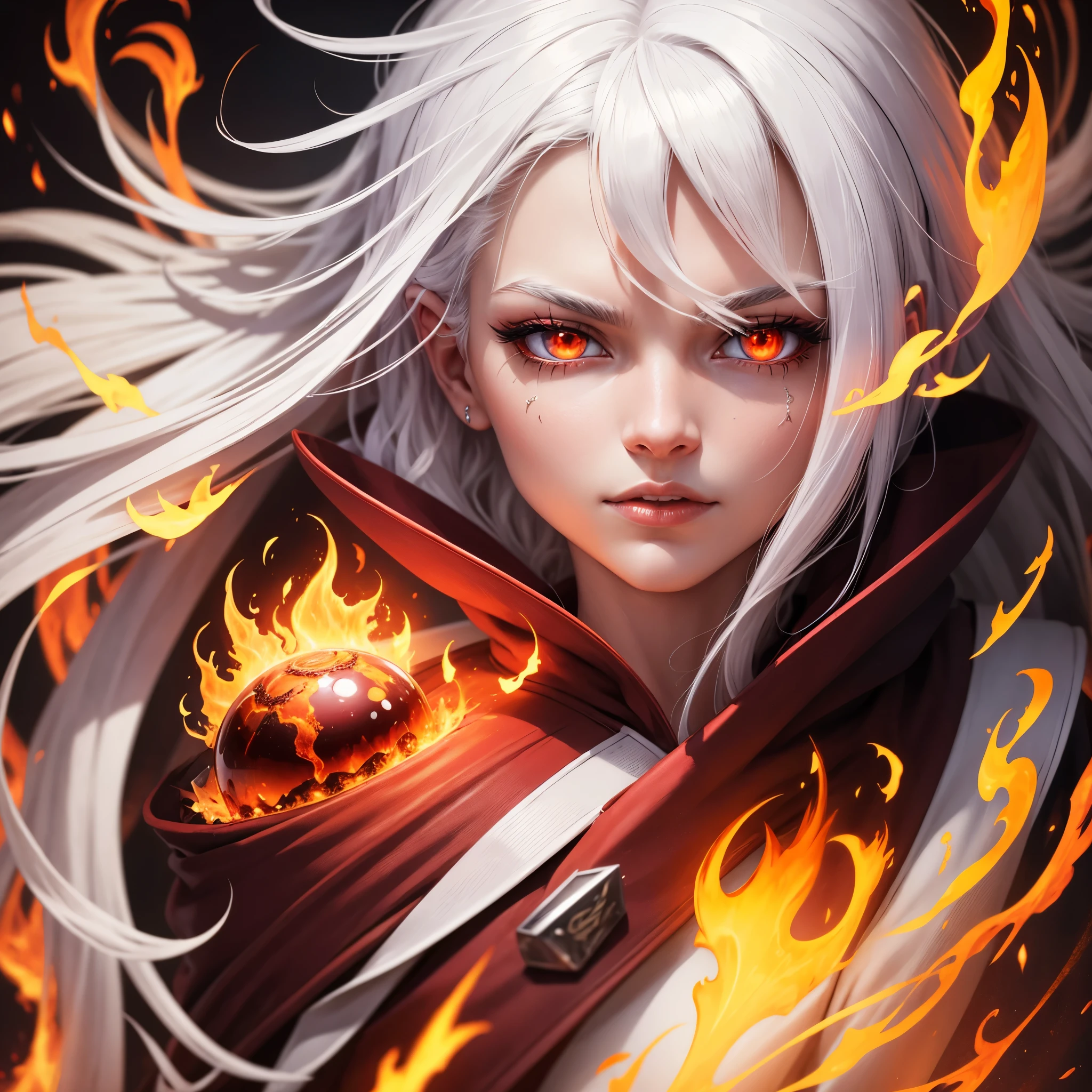 Phoenix,Queen,Reborn from the ashes,white hair,red eye,flame,magic,close up