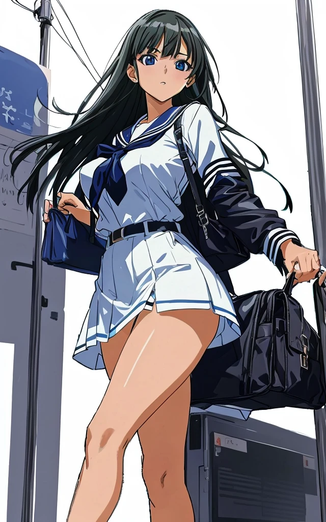 A beautiful woman with shoulder-length black hair, big breasts, beautiful legs, and a sharp face is wearing a white miniskirt sailor suit, showing light blue and blue striped panties as she approaches a middle-aged office worker man in a suit on the bus. standing with hostile eyes。