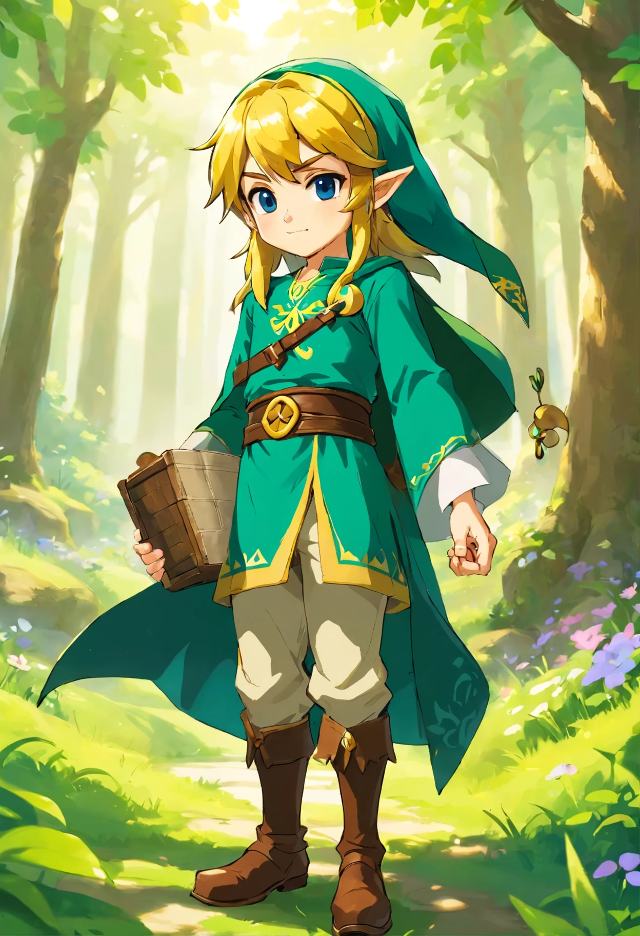 whole body, Zelda Game Person, the zelda malega, male, Zelda Character FF, In the style of Ian Macke, Temy Chan, Stylish costume design, romaleticized depictions of wilderness, Jean=Baptiste Monge, Science Academia、Atmosphere scene where he plays with his eyes closed, holding an ocarina in his hand and making a sound of breathing from the mouth.