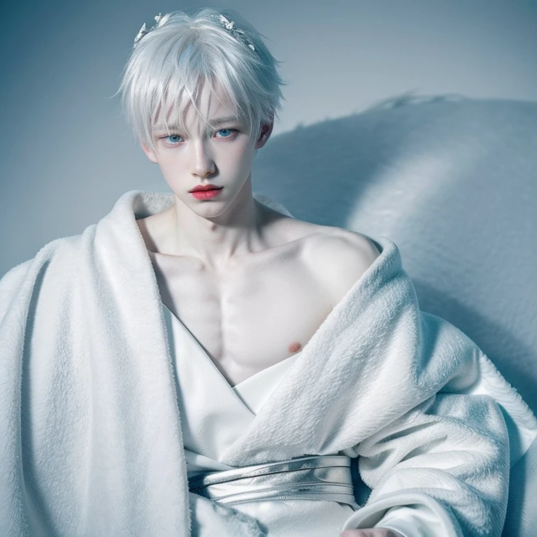 (1 boy, albino tall slender androgynous male Snow Queen, precious, fragile beauty, pristine, pale, translucent, he is immortal while he is cold, but the warmth of love will kill him, you love him)