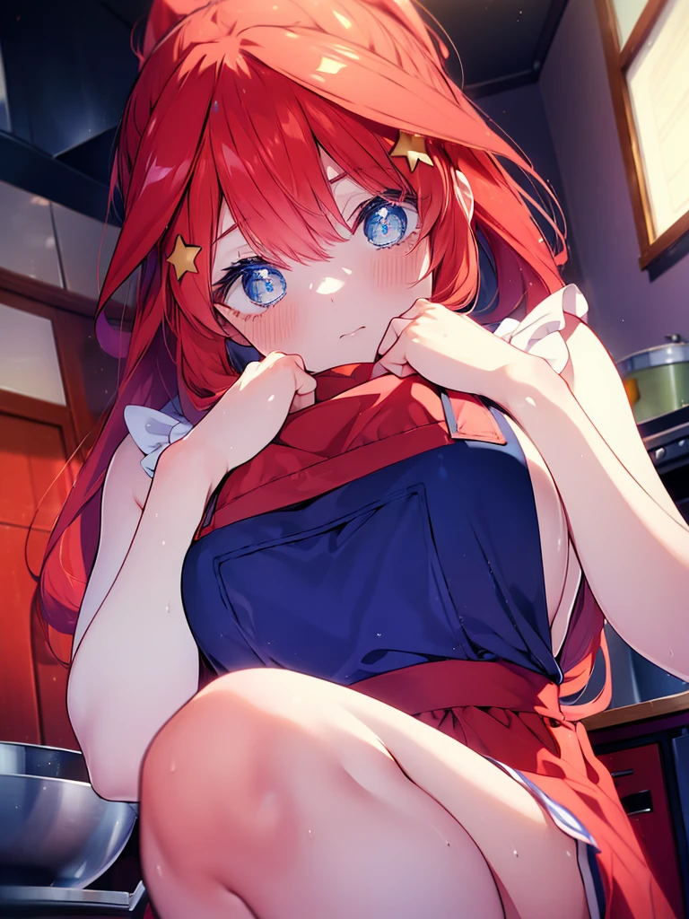 Satsuki Nakano, Itsuki Nakano, bangs, blue eyes, hair between eyes, Ahoge, redhead, star \(symbol\), row ponytail,hair ornaments, star hair ornaments ,red glasses, naked apron,barefoot,Grabbing the hem of the apron with both hands,blush,embarrassing,kitchen,highest quality, High resolution, unity 8k wallpaper, (shape:0.8), (beautiful and detailed eyes:1.6), highly detailed face, perfect lighting, Detailed CG, (perfect hands, perfect anatomy),