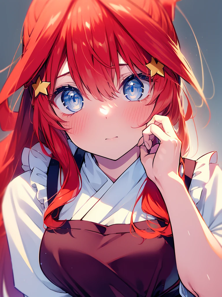 Satsuki Nakano, Itsuki Nakano, bangs, blue eyes, hair between eyes, Ahoge, redhead, star \(symbol\), row ponytail,hair ornaments, star hair ornaments ,red glasses, naked apron,barefoot,Grabbing the hem of the apron with both hands,blush,embarrassing,kitchen,highest quality, High resolution, unity 8k wallpaper, (shape:0.8), (beautiful and detailed eyes:1.6), highly detailed face, perfect lighting, Detailed CG, (perfect hands, perfect anatomy),