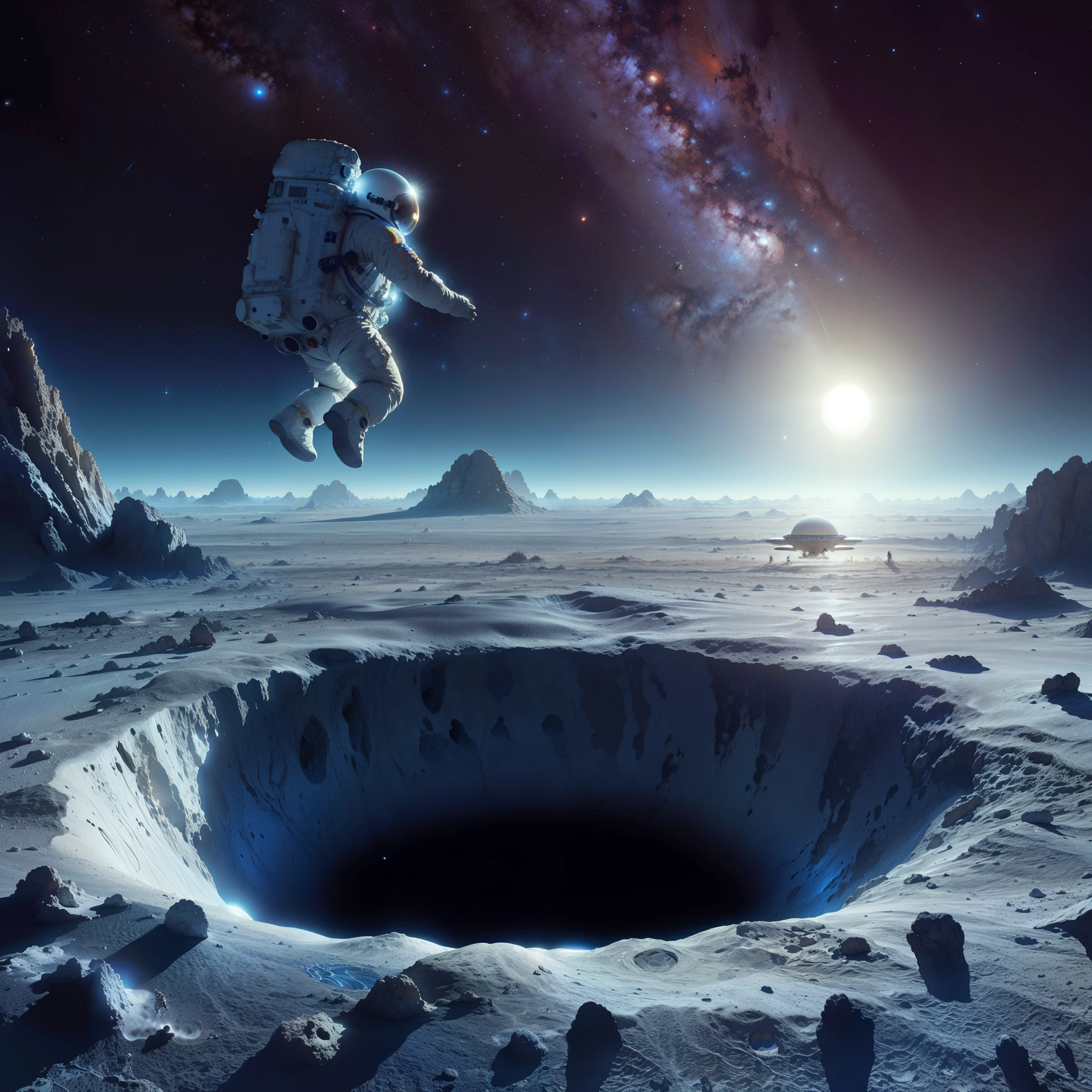 astronaut in space suit floating over a hole in the middle of a desert, beeple and tim hildebrandt, on the surface of an asteroid, inspired by Scott Listfield, 3 d epic illustrations, portal to outer space, is being drawn into a blackhole, beeple and greg rutkowski, portal in space, highly detailed surreal vfx