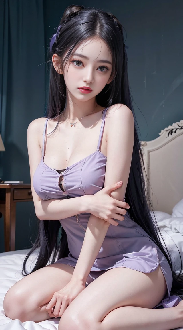 (ultra-realistic realism), (illustratio), (high resolution), (8K), (extremely detaile), (best illustration), (Beautiful and delicate eyes), (Best quality), (Super detailed), (tmasterpiece), (Wallpapers), (Detal Face), Tik, (dynamicposes), Full body image of a person with long hair and a tank top, hinata hyuga, hinata hyuga from naruto, from naruto, as an anime character, perfect anime face, she has dark blue hair with tied up , female anime character, anime characters, best anime girls, style hime cut hair, dark blue hair, pink lips, light purple eyes, smile, (pretty face:1.3)with camisole dress