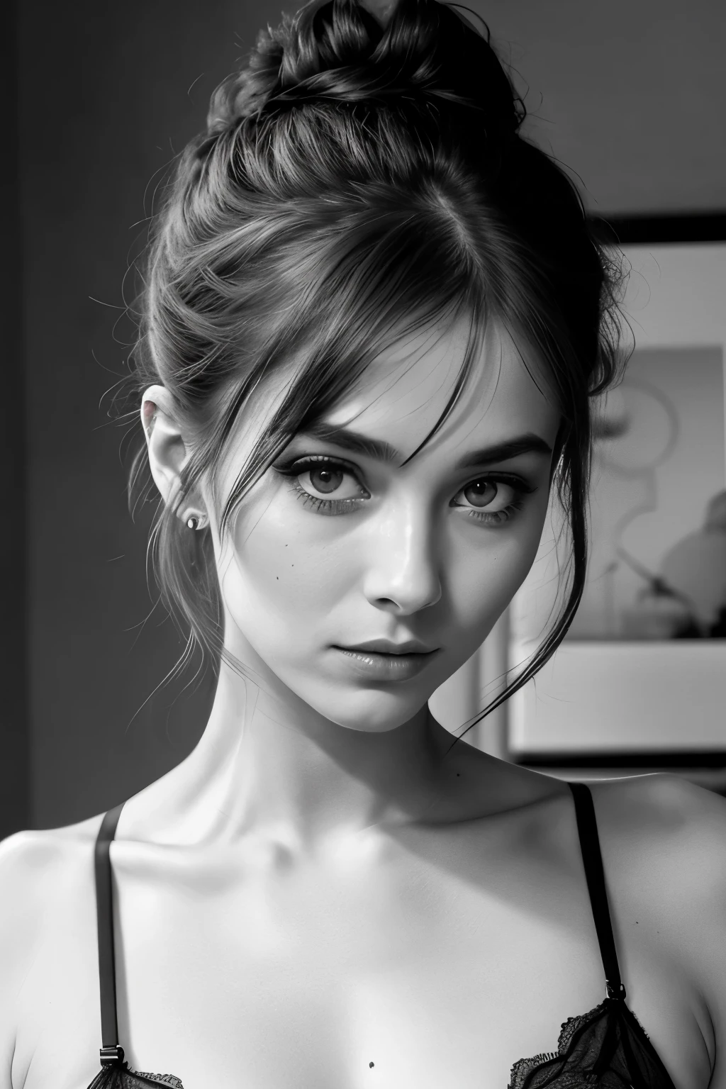 Masterpiece, ((Emma Mauregord:Audrey Hepburn:0.5)), the epitome of French beauty and allure, exudes seduction in this photorealistic image. Clad in black lingerie, her full body is a testament to perfection, gorgeously sculpted and curves in all the right places. Her long, wavy hair is tied up in a sleek bun, a few loose strands framing her face and cascading over one eye, adding to her mystery and allure. Her expressive eyes, dark and enchanting, peer out at the viewer with a seductive facial expression that leaves no doubt as to her intentions. This phot