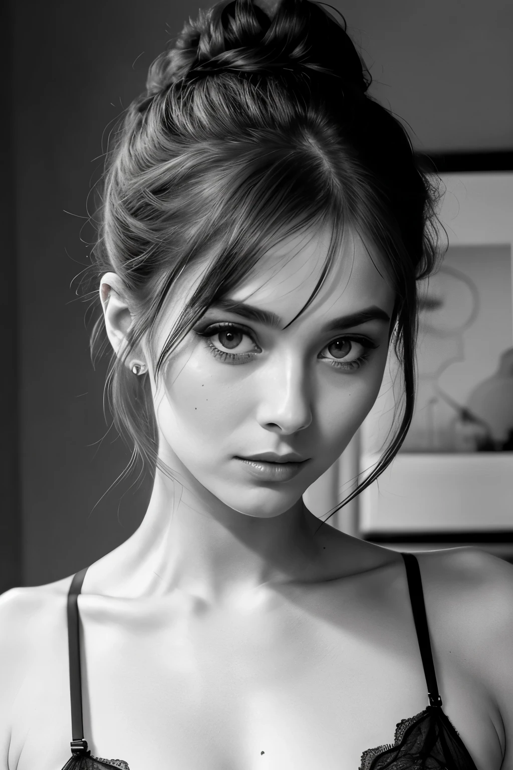 Masterpiece, ((Emma Mauregord:Audrey Hepburn:0.5)), the epitome of French beauty and allure, exudes seduction in this photorealistic image. Clad in black lingerie, her full body is a testament to perfection, gorgeously sculpted and curves in all the right places. Her long, wavy hair is tied up in a sleek bun, a few loose strands framing her face and cascading over one eye, adding to her mystery and allure. Her expressive eyes, dark and enchanting, peer out at the viewer with a seductive facial expression that leaves no doubt as to her intentions. This phot