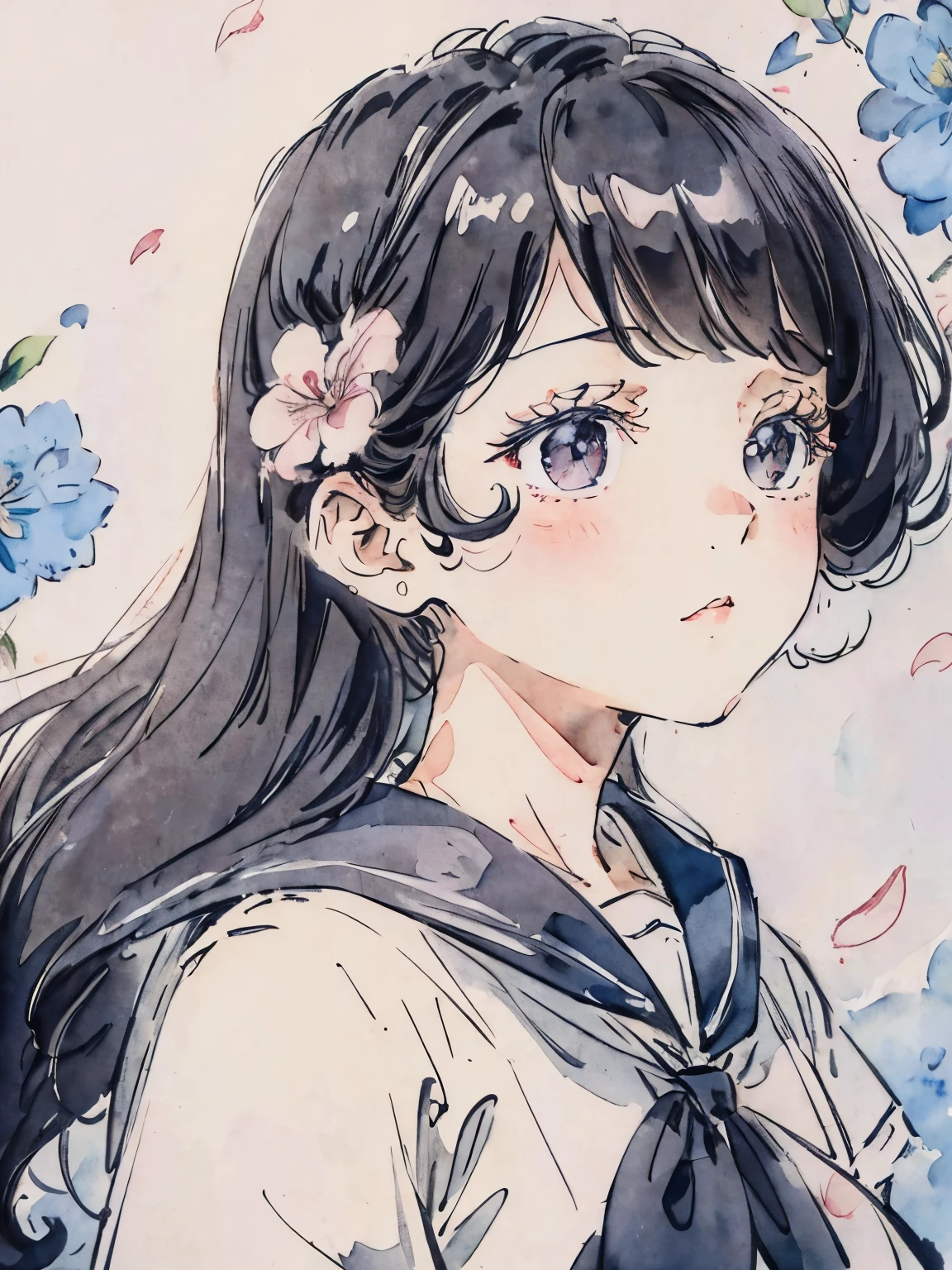 sailor suit、curl hair、long black hair、sailor suit、profile、Lady、flower garden、icon、soft lighting、close up of face、photo studio、hair blowing in the wind、petal、curly hair、watercolor style