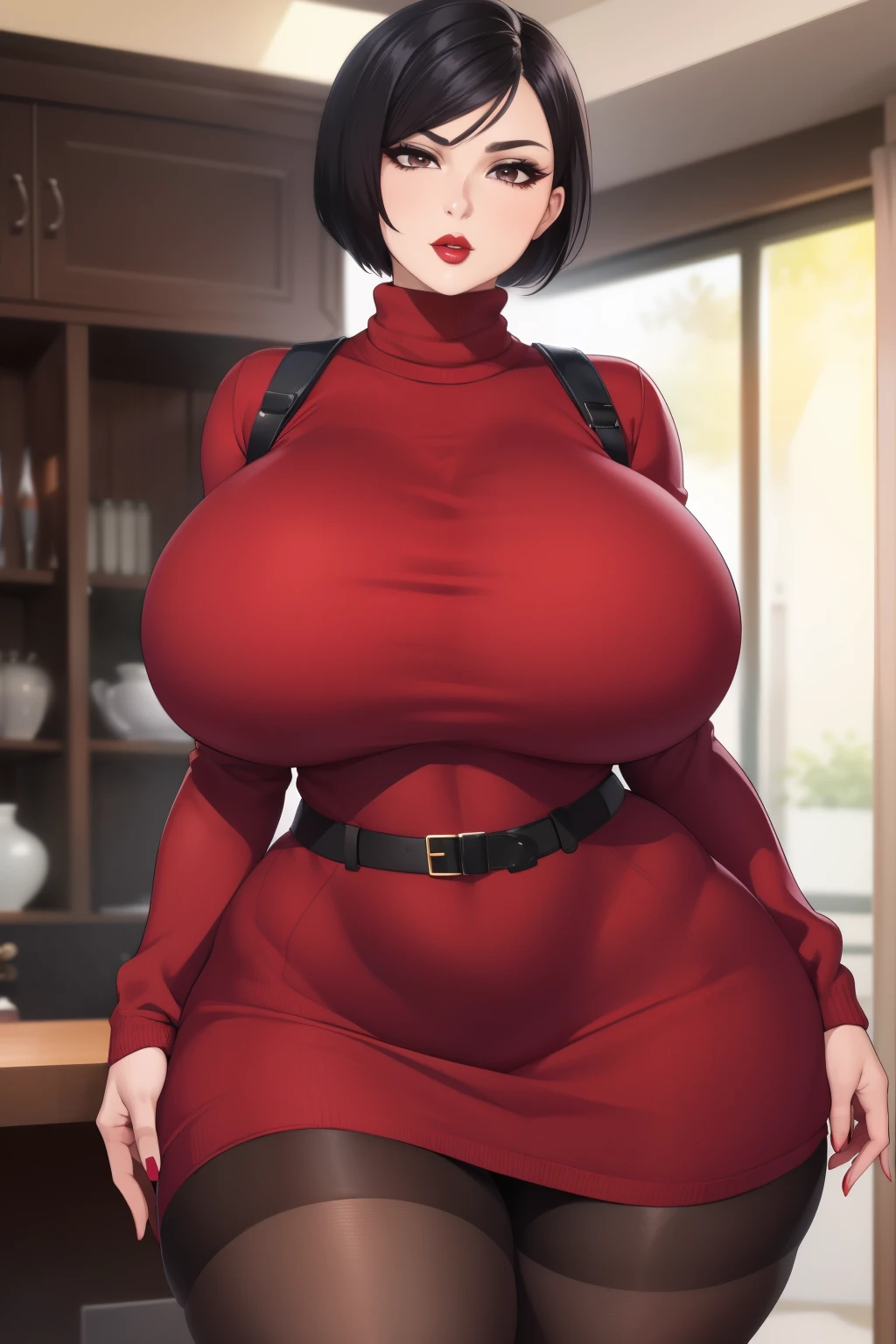 Ada Wong, (((bimbo))), black hair, short hair, perfect face, perfect eyes, looking at viewer, puffy lips, thick lips, wide hips, thick thighs, craving lust face, huge natural breasts, mature mom, indoors, modern interior, fakebreasts, asian female, adasweater, red sweater, sweater dress, turtleneck, harness, pantyhose, black eyes, looking at viewer, large breasts, parted lips, red lips, lipstick, holster, belt, mature female
