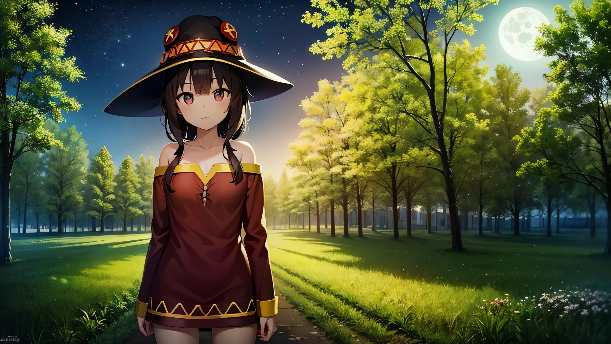 1Girl, Megumin, Fantasy, Forest Background, detailed, just one Person, cute, Night, Moonlight, UHD, high resolution
