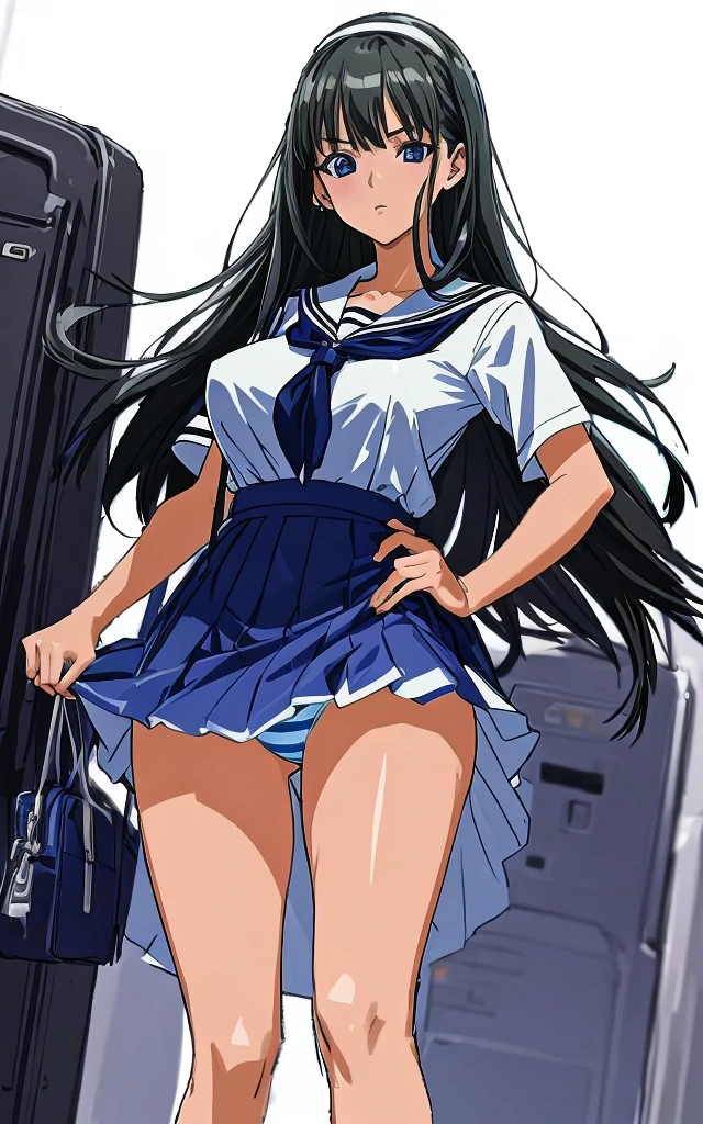 A beautiful woman with long, shoulder-length black hair, big breasts, beautiful legs, and a sharp face is wearing a white miniskirt sailor uniform, showing light blue and blue striped panties, and is standing on the bus as an office worker in a suit. Standing looking at a middle-aged man with hostility。