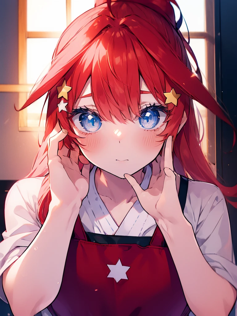 Satsuki Nakano, Itsuki Nakano, bangs, blue eyes, hair between eyes, Ahoge, redhead, star \(symbol\), row ponytail,hair ornaments, star hair ornaments ,red glasses, naked apron,barefoot,Grabbing the hem of the apron with both hands,blush,embarrassing,kitchen,highest quality, High resolution, unity 8k wallpaper, (shape:0.8), (beautiful and detailed eyes:1.6), highly detailed face, perfect lighting, Detailed CG, (perfect hands, perfect anatomy),