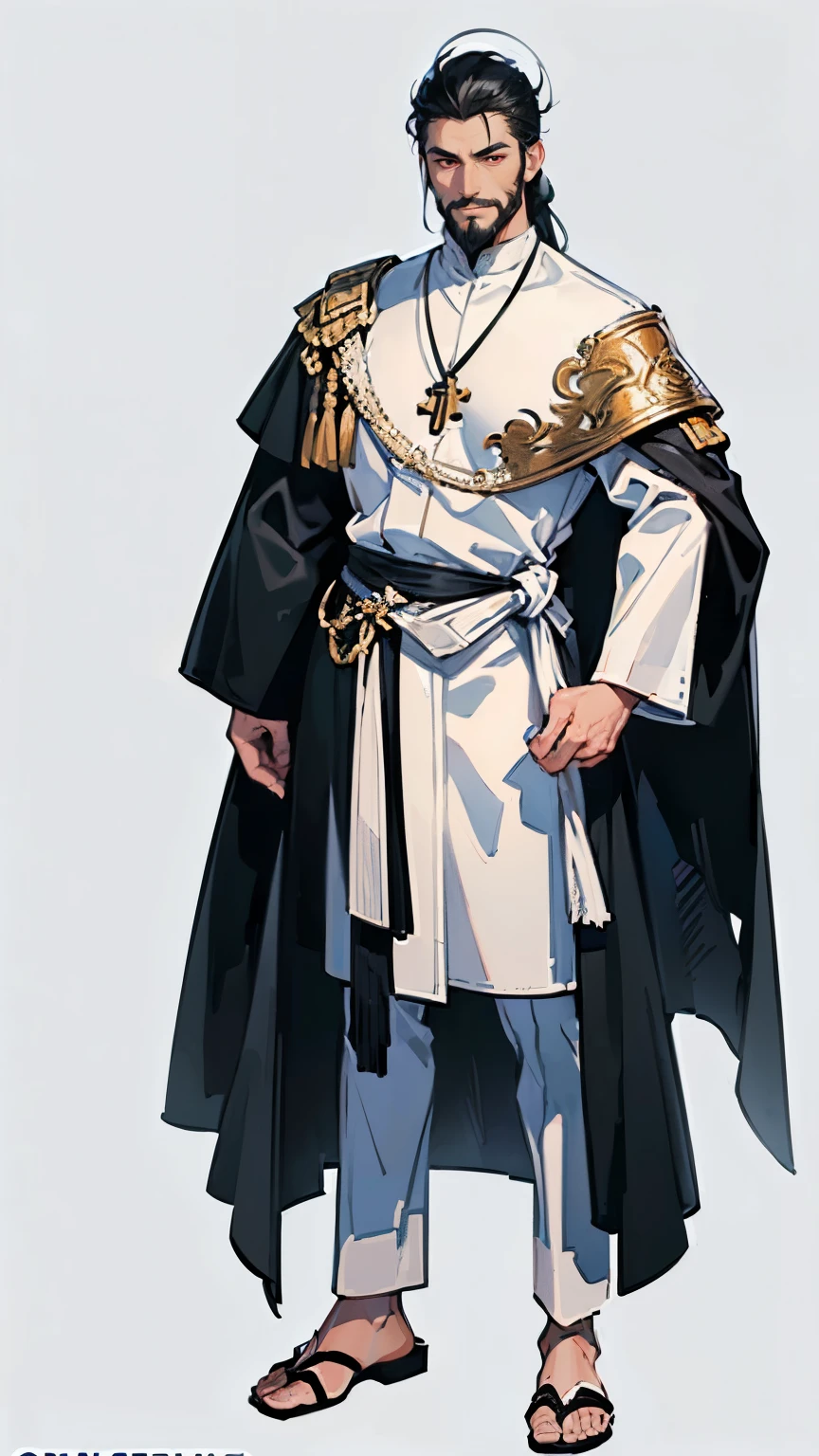 ((masterpiece,best quality,8k,highres)),((character concept art)), 1 male, middle-age adult male, Cult Bishop, 190 cm height, big back head hairstyle, (black hair colour), ultra finely detailed eyes (red eyes colour), black stubble beard, extraordinary handsome, charming, smirk smile, incredible body build ((muscular)), ((intricate detail)), super finely detailed hands, ultra finely detailed fingers(((ten fingers))), Cult Bishop outfit (full white outfit colour), (standing still), (full body showcase), (show full body), (no logos on background), (no logo), ((plain background)), ((plain background)), (((empty background)))