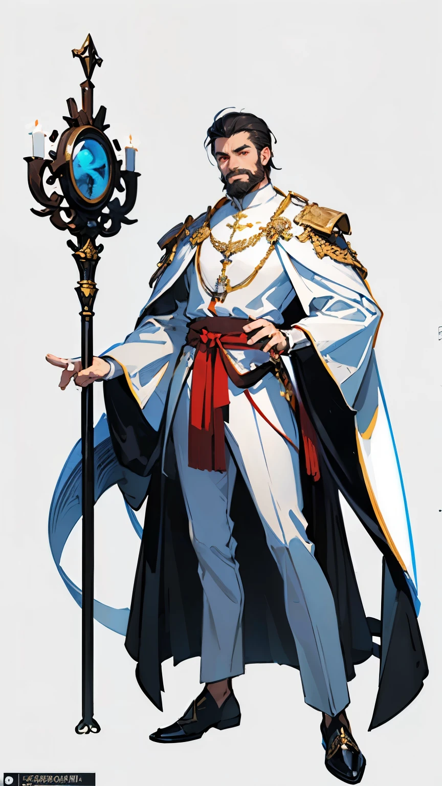 ((masterpiece,best quality,8k,highres)),((character concept art)), 1 male, middle-age adult male, Cult Bishop, 190 cm height, big back head hairstyle, (black hair colour), ultra finely detailed eyes (red eyes colour), black stubble beard, extraordinary handsome, charming, smirk smile, incredible body build ((muscular)), ((intricate detail)), super finely detailed hands, ultra finely detailed fingers(((ten fingers))), Cult Bishop outfit (full white outfit colour), (standing still), (full body showcase), (show full body), (no logos on background), (no logo), ((plain background)), ((plain background)), (((empty background)))