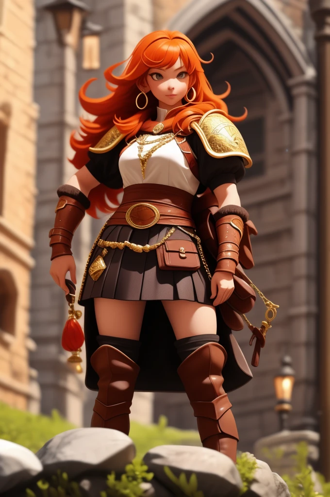 anime, detailed, depth of field, sunny, ginger hair, barbarian female, medieval time, walking, being careful, serious look, front view, medieval city background