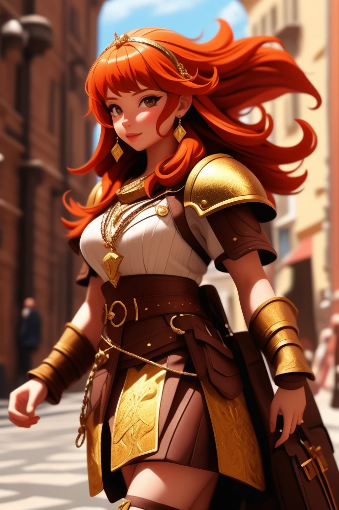 anime, detailed, depth of field, sunny, ginger hair, barbarian female, medieval time, walking, being careful, serious look, front view, medieval city background