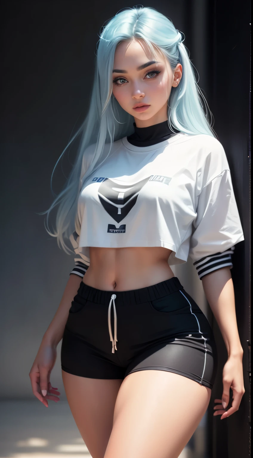 1 girl named Sarah with long light blue hair, dyed loose hair, Long hairstyle, perfect detailed face, Young pretty white girl, Hot-top model, Detailed symmetrical light green eyes with round irises, Beautiful, Walking and posing, Look at the observer, 19-year-old girl, looks like Madison Beer, extremely detailed face, Model, Realistic, Real life, perfect photorealistic picture, Realistic, hourglass figure, Stunning realistic photography, Detailed fingers, detailed realistic face, Soft fingers, real human nails, Extremely attractive girl, perfect detailed tan, small eyes, perfectly detailed face with realistic complexion and finely porous skin, small nose, Model, Perfect posture, Natural limbs, long legs, detailed symmetrical eyeballs, symmetric eyes, Realistic eyeballs, Realistic detailed eyes, cute plump closed lips, makeup, no long neck, no long waist, Perfect proportional body, seductive gaze, Looking in the direction of the viewer, Fascinating facial features, ah high, two arms, Two legs, one head, tiny breasts, realistic natural bodies, realistic shadows, Mystical epiphany, 8K, UHD, ((body facing the viewer, Pointing at the camera)), "wide-angle", Full-body shot, full pose, (photo studio white background), tempt a little, Cinematic world, Cover photo in the center of Hyperealistic, Stunning full-color, Cinematic, neoprene, behance contest winner, portrait of a, presented at Unsplash, stylized digital art, Smooth, extra high resolution, She wearing a large white long T-shirt and black Acronym J36-S sweatpants (T-shirt only white), black and white sneakers, instagram model, 80mm , Streetwear , (((angled focus))) , Realistic,round ass
