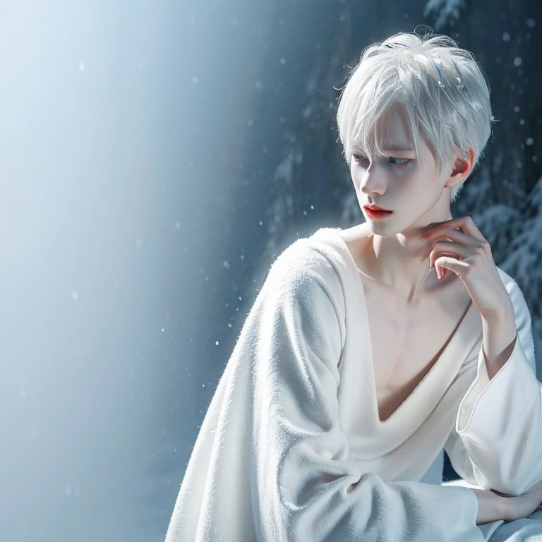 (1 boy, albino tall slender androgynous male Snow Queen, pristine, pale, translucent, he is immortal while he is cold, but the warmth of love will kill him, ice crown)