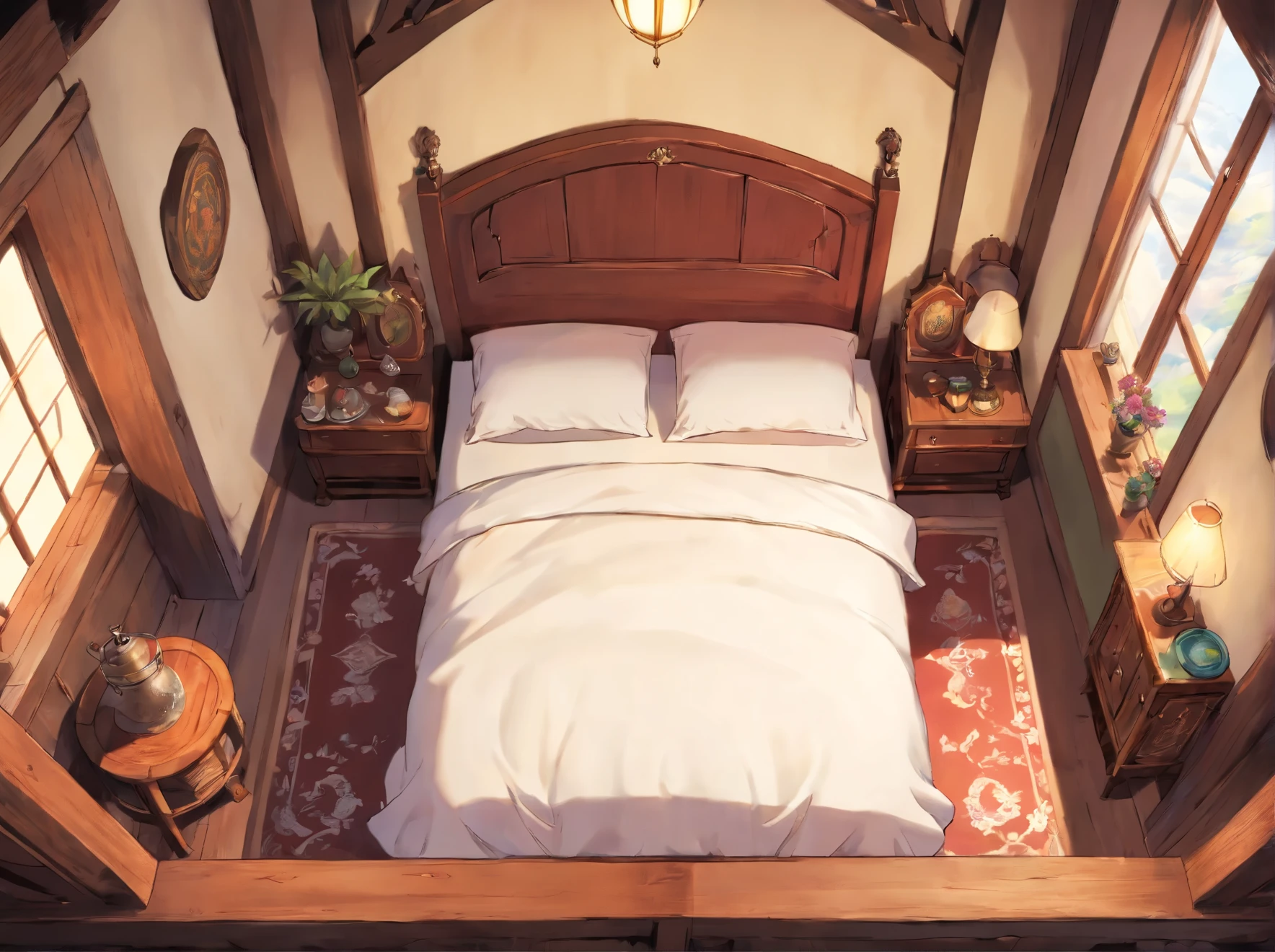 ((A symmetrical line of sight looking down from directly above the bed.))、Super luxurious medieval inn room、The bed is luxuriously decorated and has a tent similar to that used by kings.、((the bed is white))、((unmanned))、